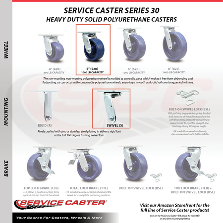 Service Caster 5 Inch Solid Polyurethane Wheel Swivel Caster with Ball Bearing SCC-30CS520-SPUB